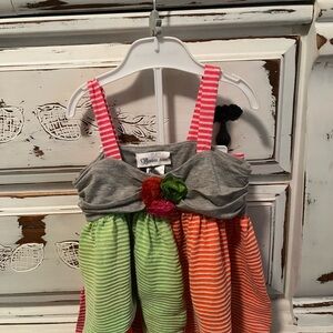 Bonnie Jean Gray Dress with Pink Stripes and Green Floral Accent